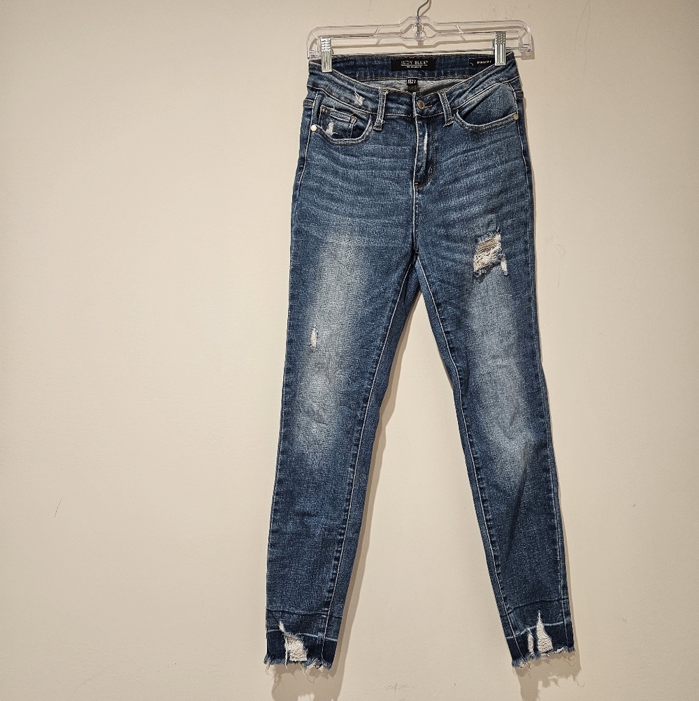 Judy Blue Medium Blue Distressed Skinny Jeans, Size 27